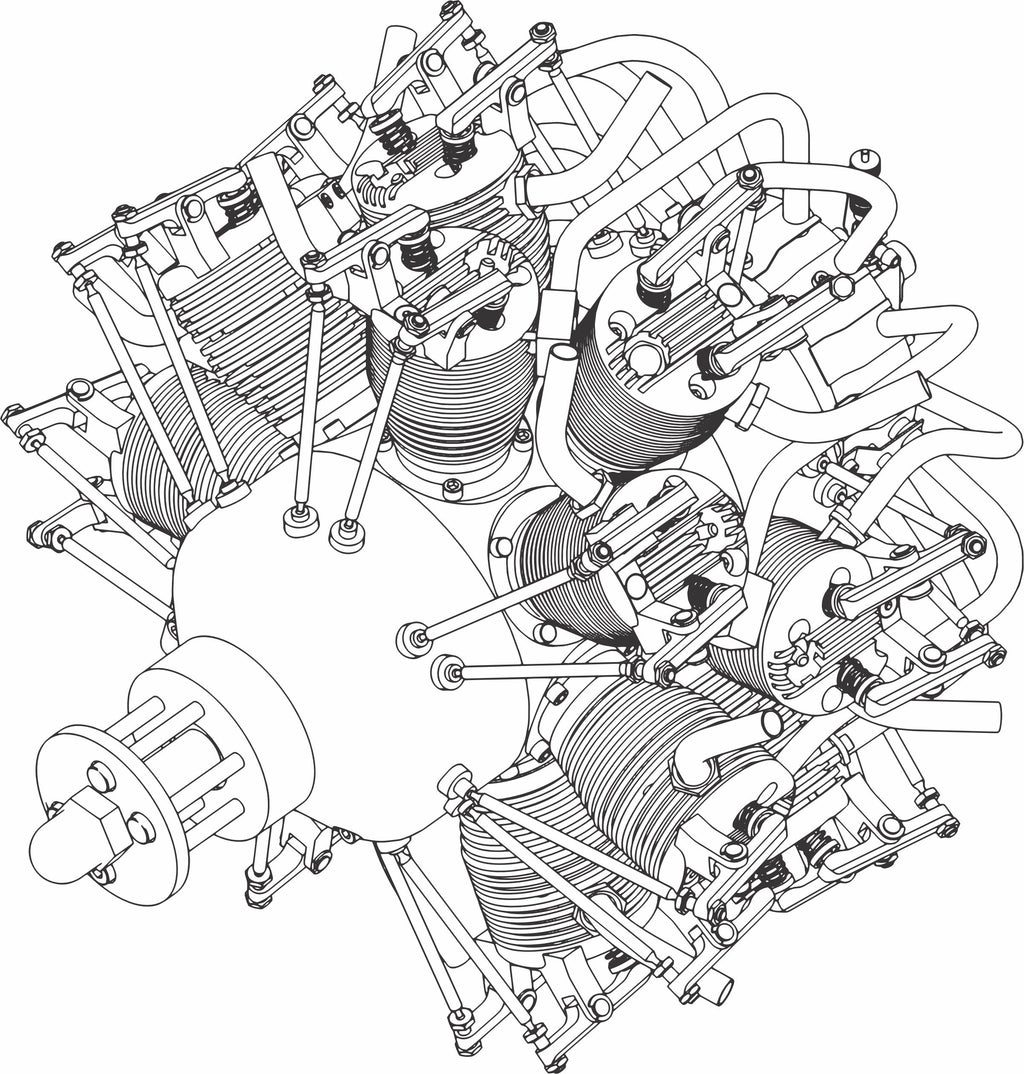 2 row radial engine drawing printed on men's shirt. Free shipping.