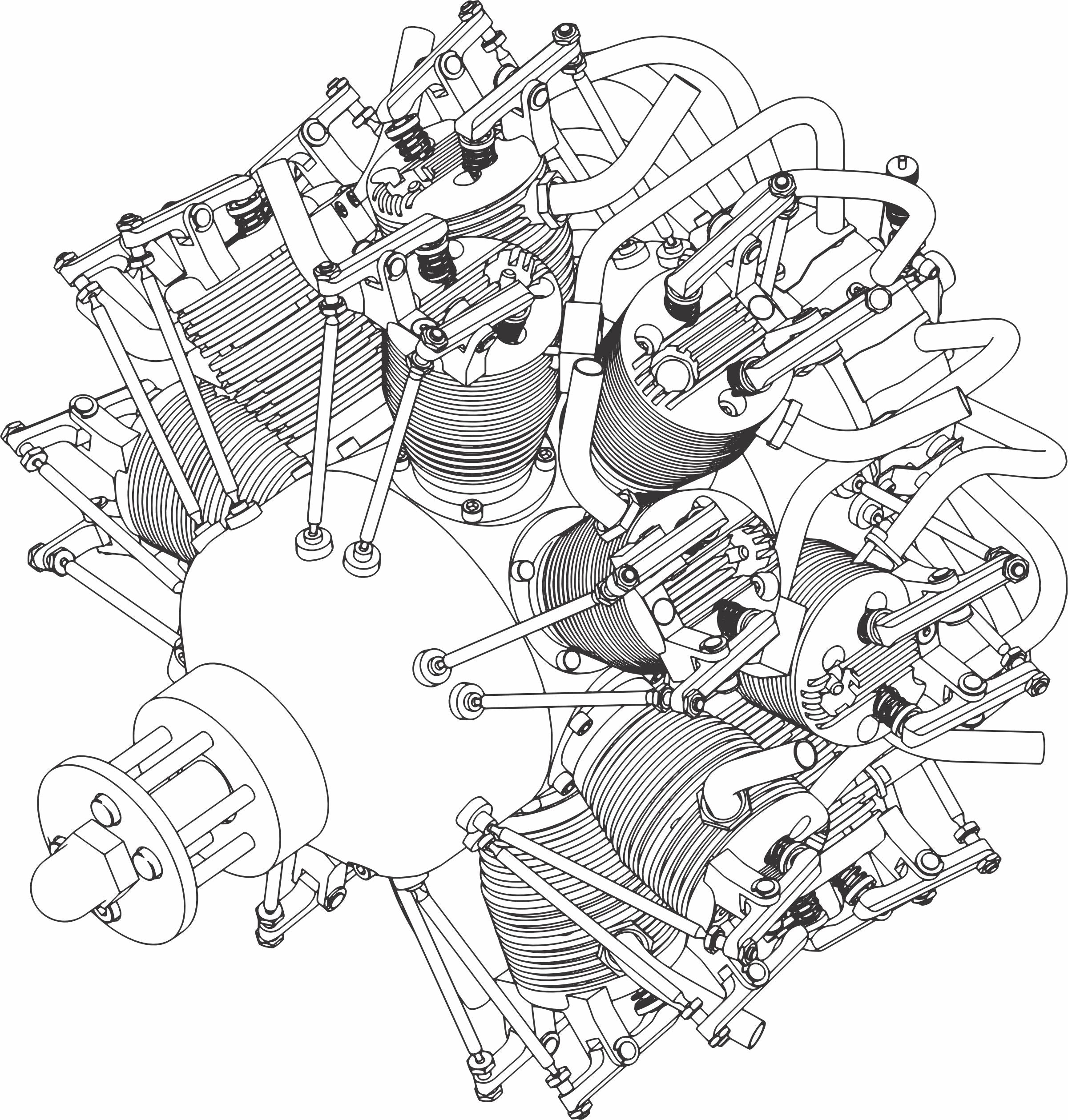2 row radial engine drawing printed on men's shirt. Free shipping.