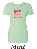 We don't camp We Glamp printed on womens shirt.  Great comping shirt.