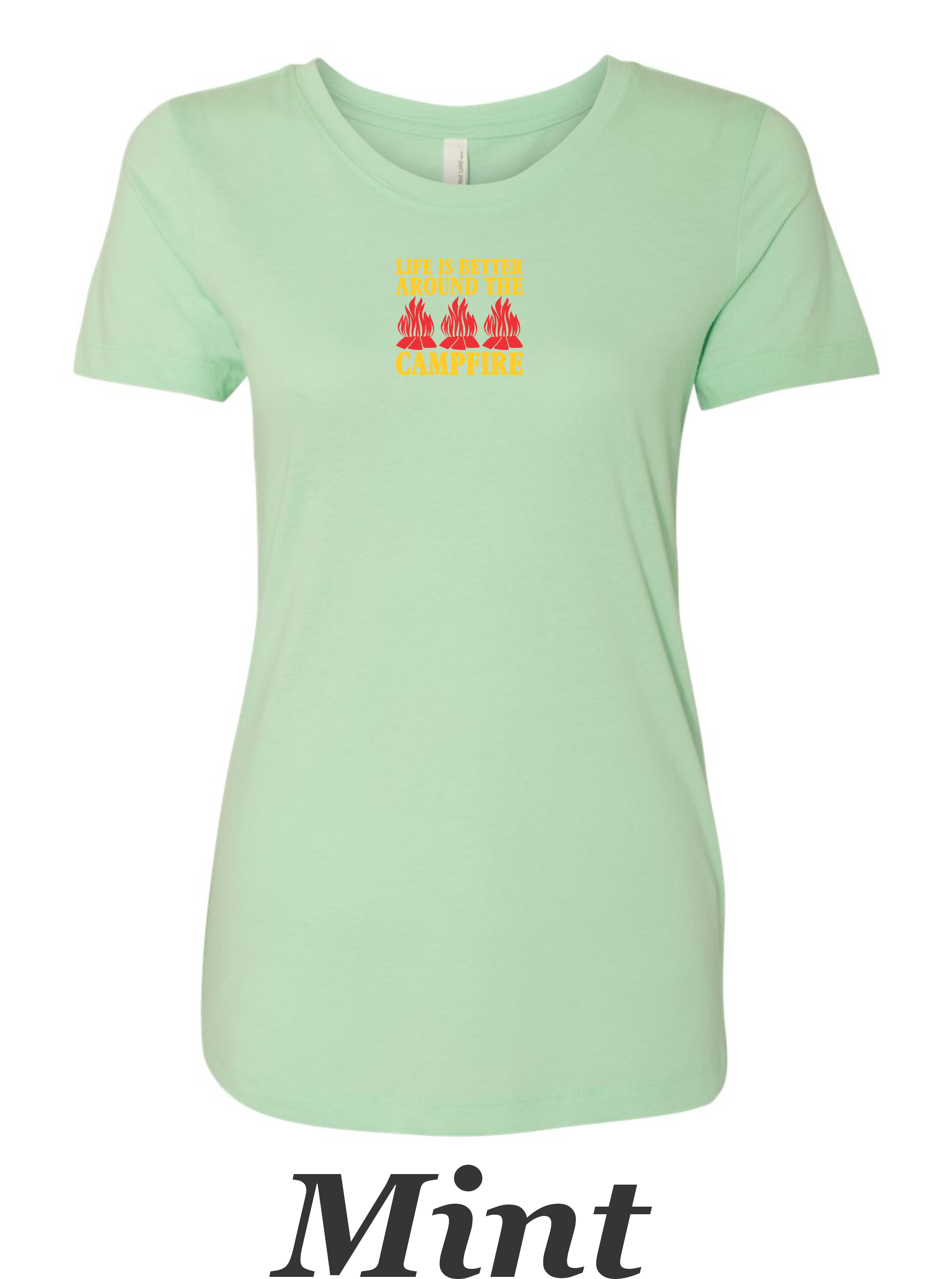 Life is better around the campfire, color drawing printed on women's shirt.