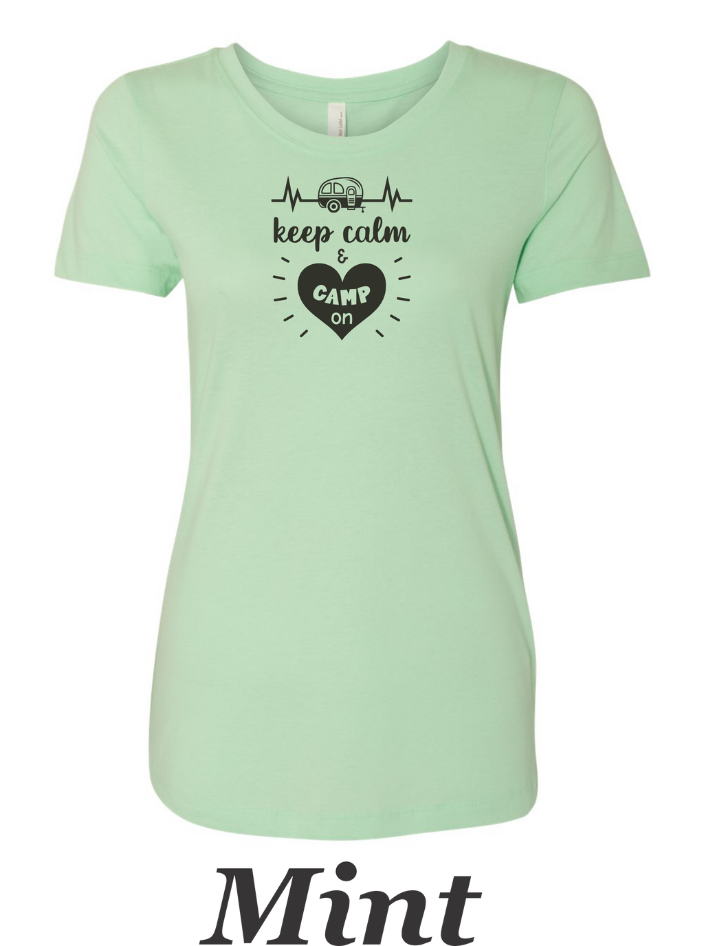 Keep Calm and Camp on print on women's shirt.  Great gift for the summer camping trip. .