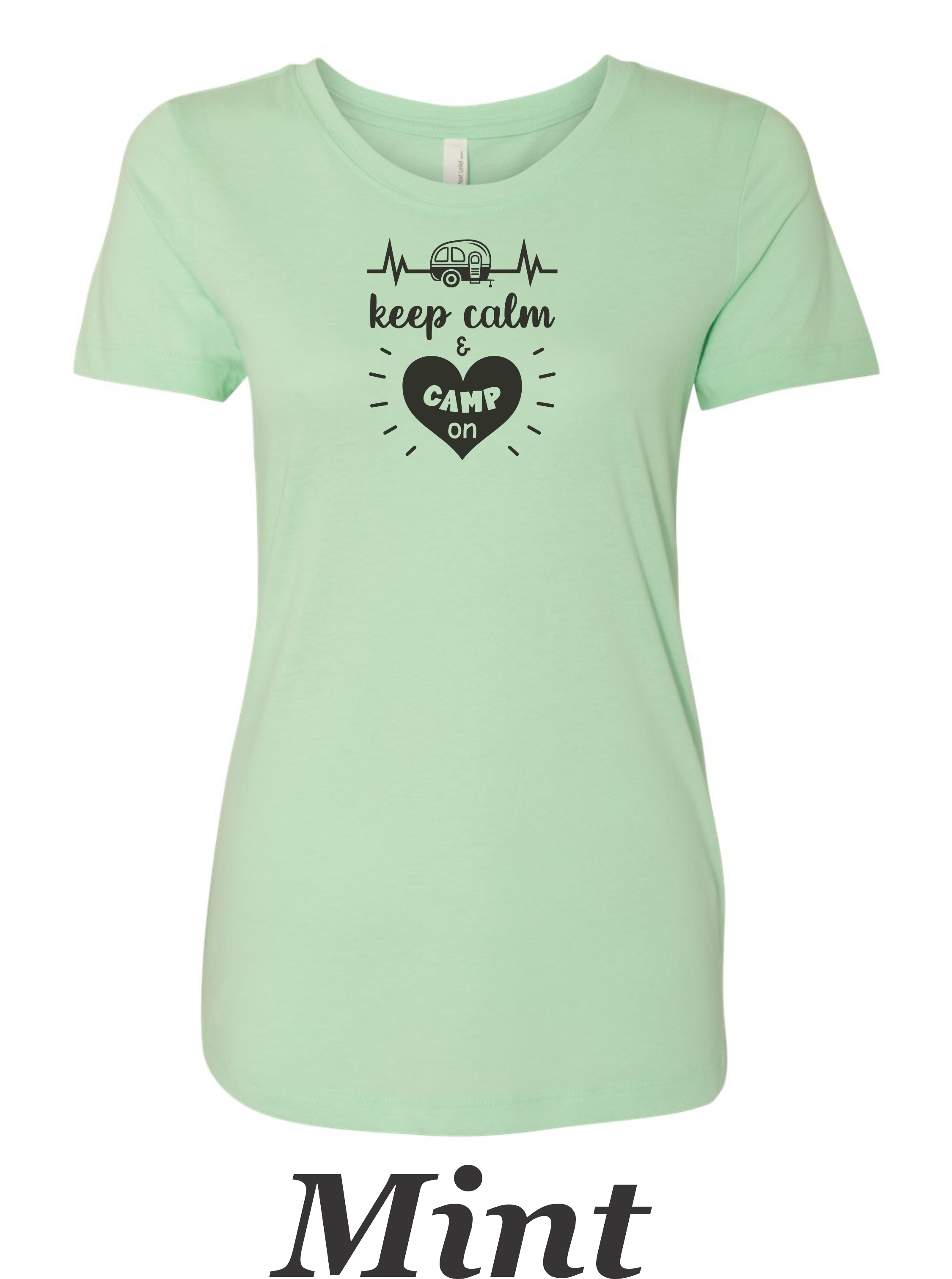 Keep Calm and Camp on print on women's shirt.  Great gift for the summer camping trip. .