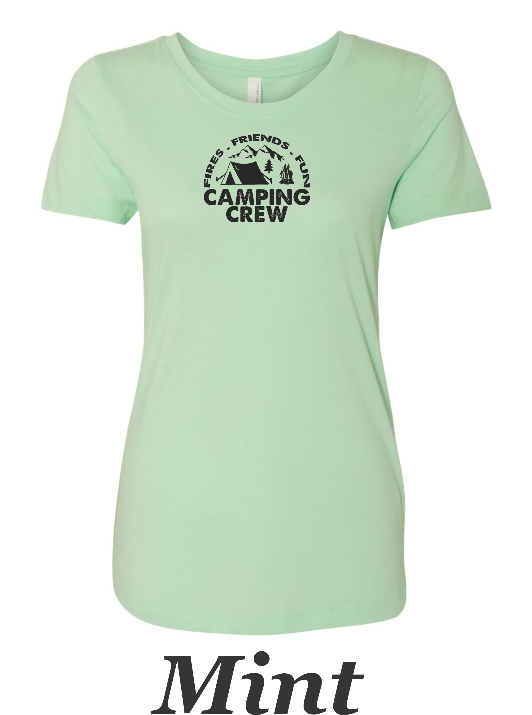 Fire, Friends, Fun , Camping Crew Printed on women's shirt.  Great for the group camp trip.