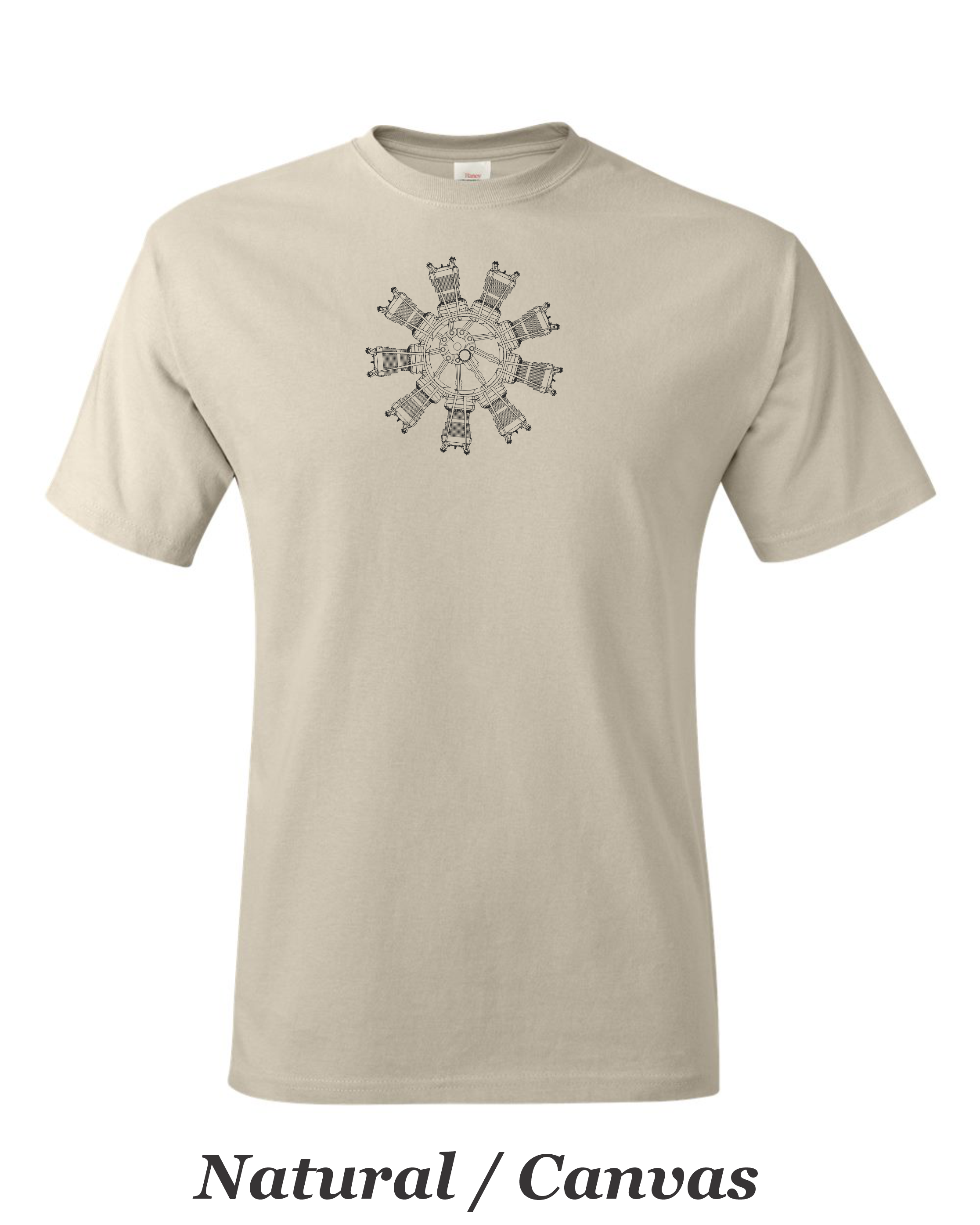 9 Cylinder radial airplane engine printed on men's shirt. Free shipping.