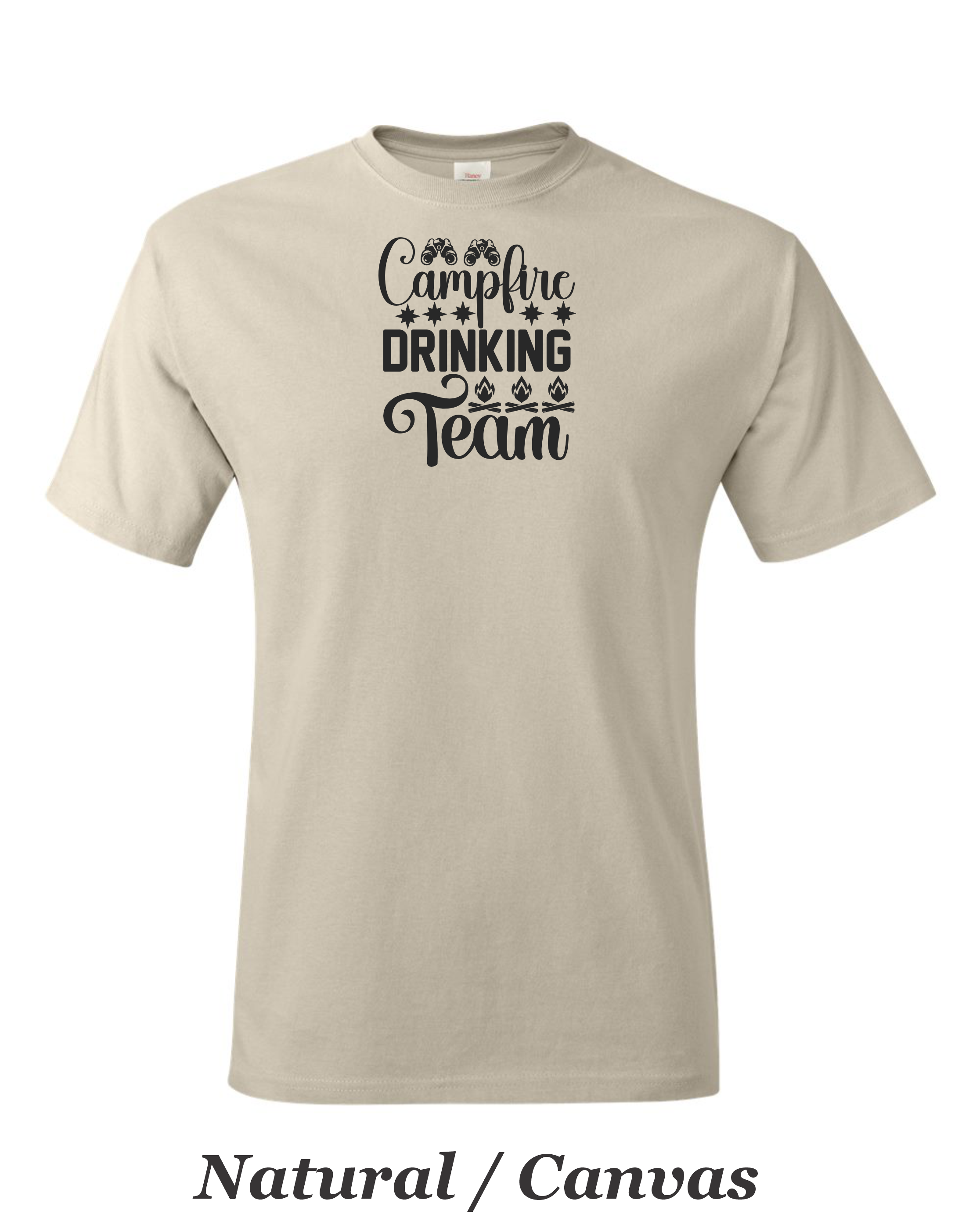 Campfire Drinking Team drawing printed on men's shirt.  Great Camping shirt for Him.