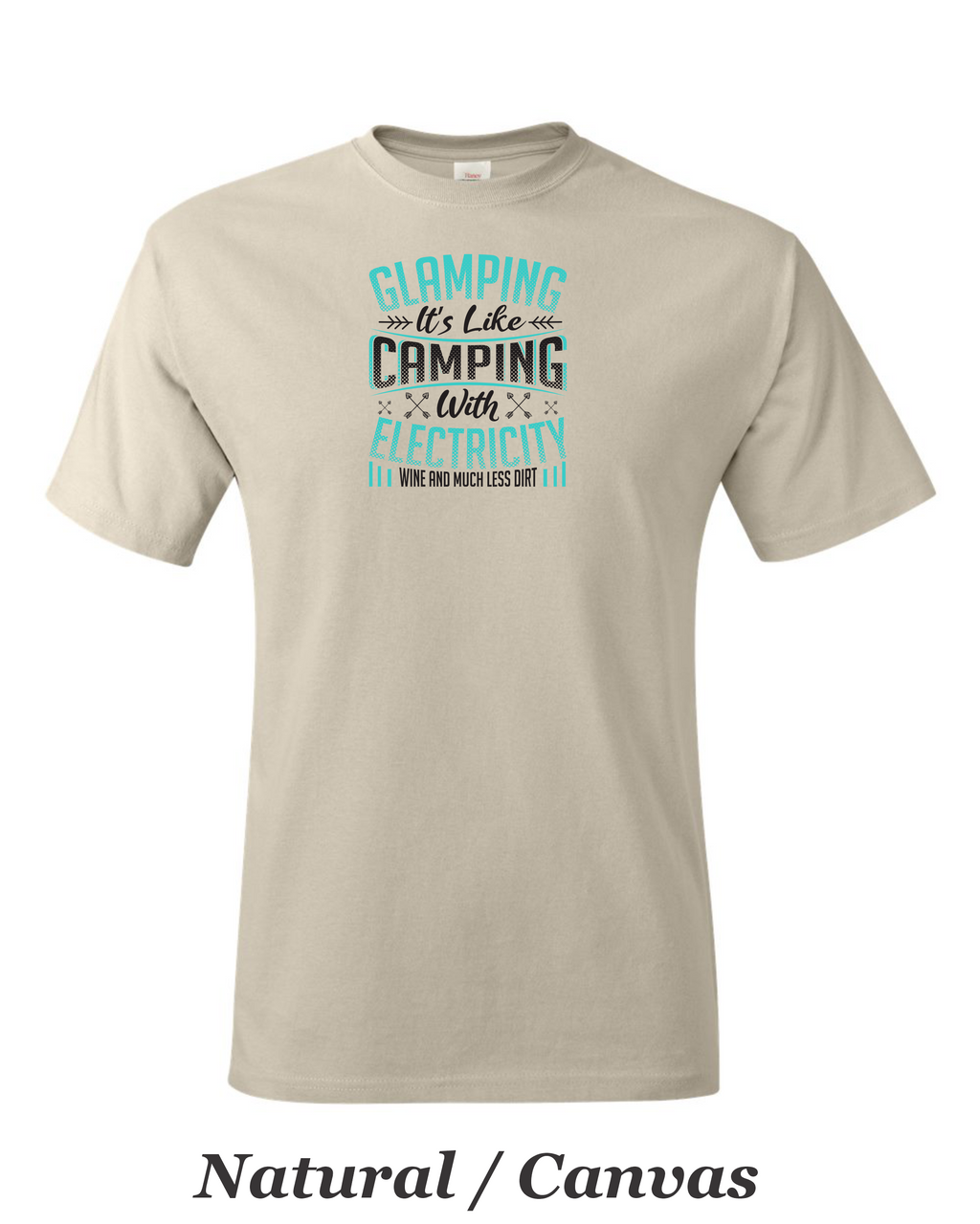 Glamping is like camping but with electricity and wine printed on mens shirt.