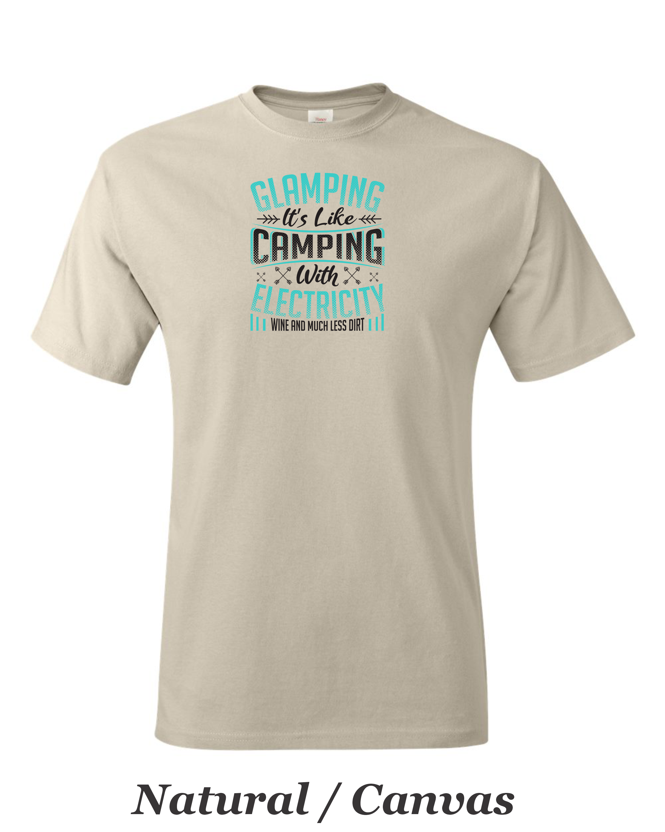 Glamping is like camping but with electricity and wine printed on mens shirt.