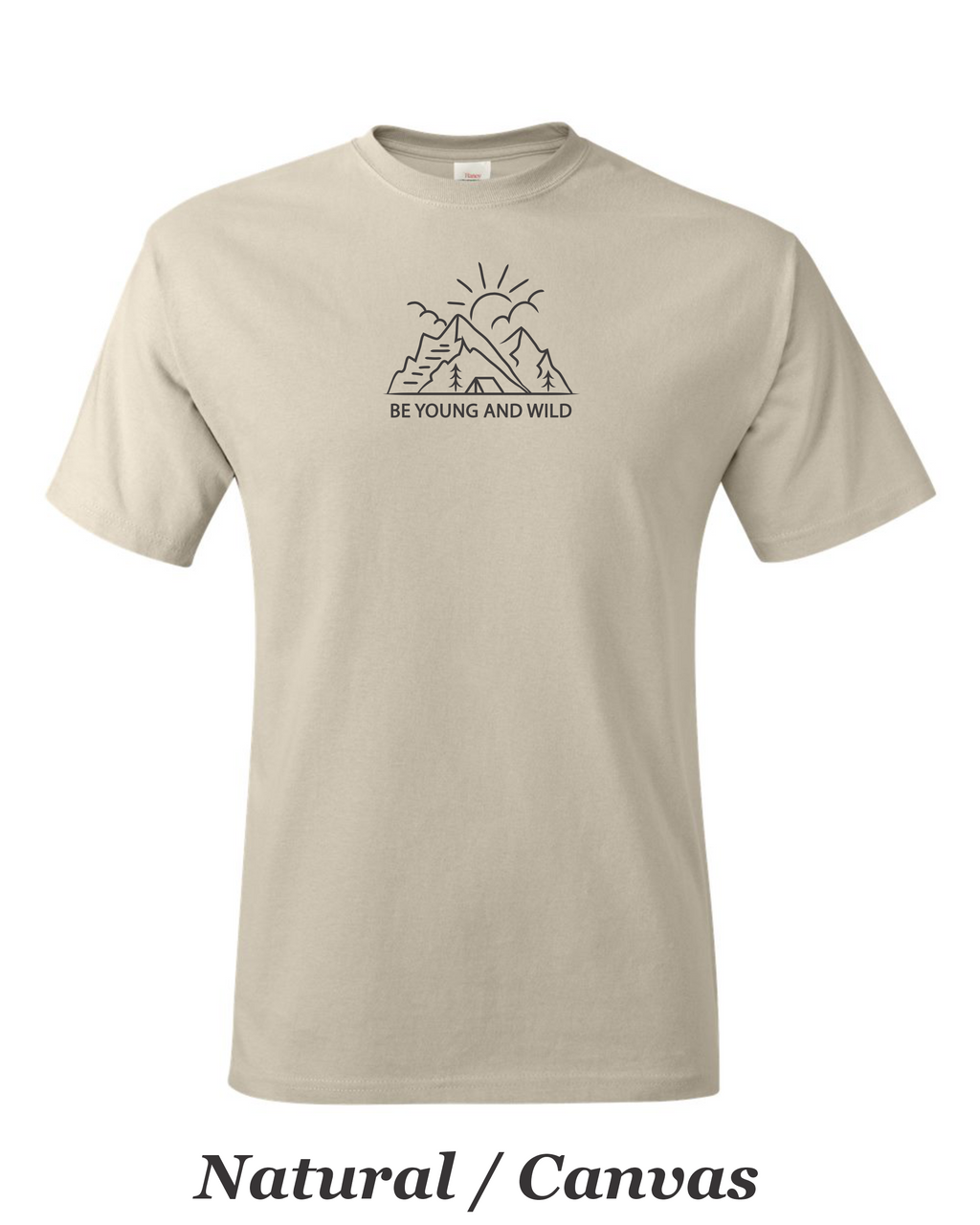 Be young and wild drawing on mens shirt.  Great gift for the hiker.