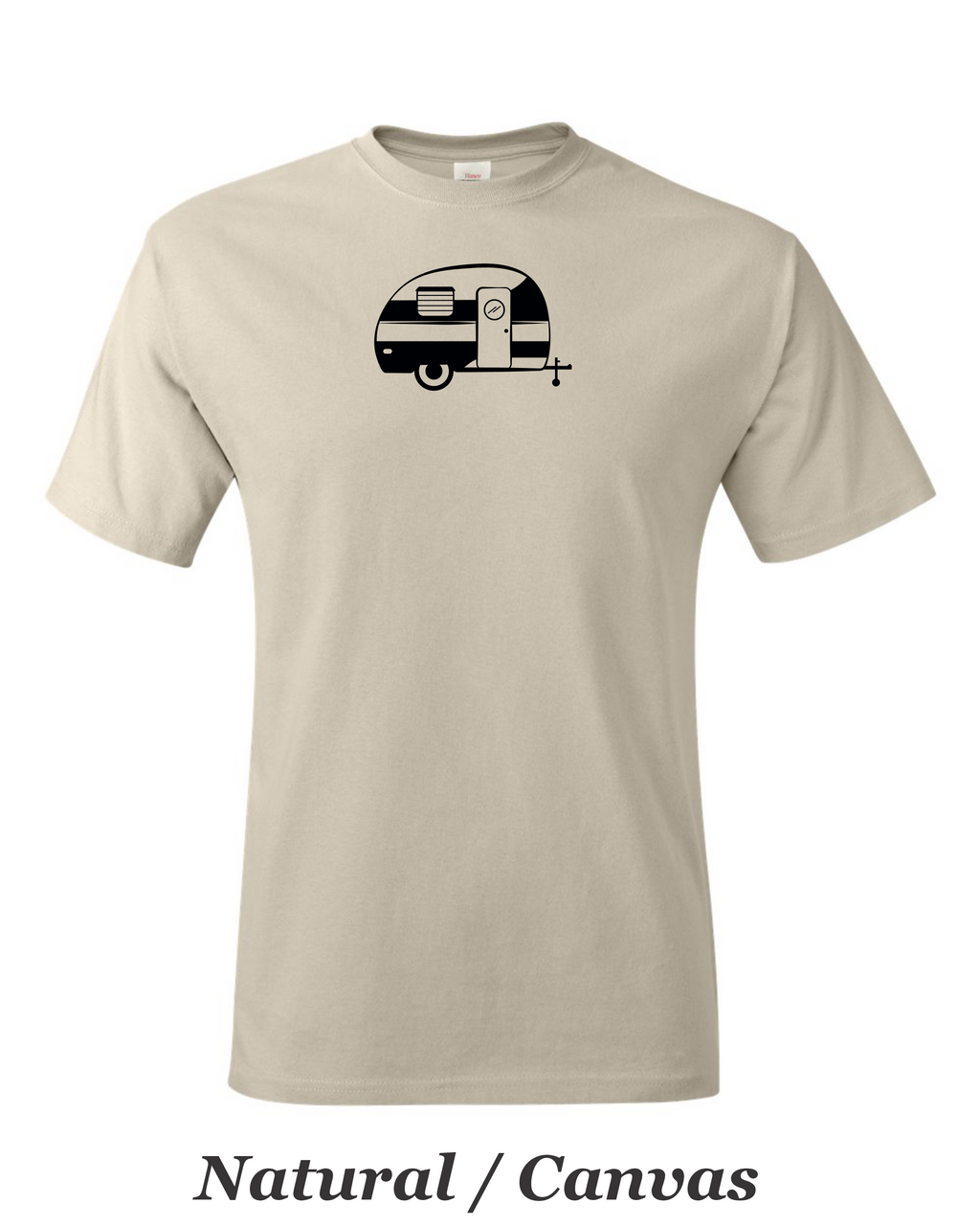 Canned Ham 50-60's trailer drawing print on mens shirt.  Great gift for Shasta trailer fan.