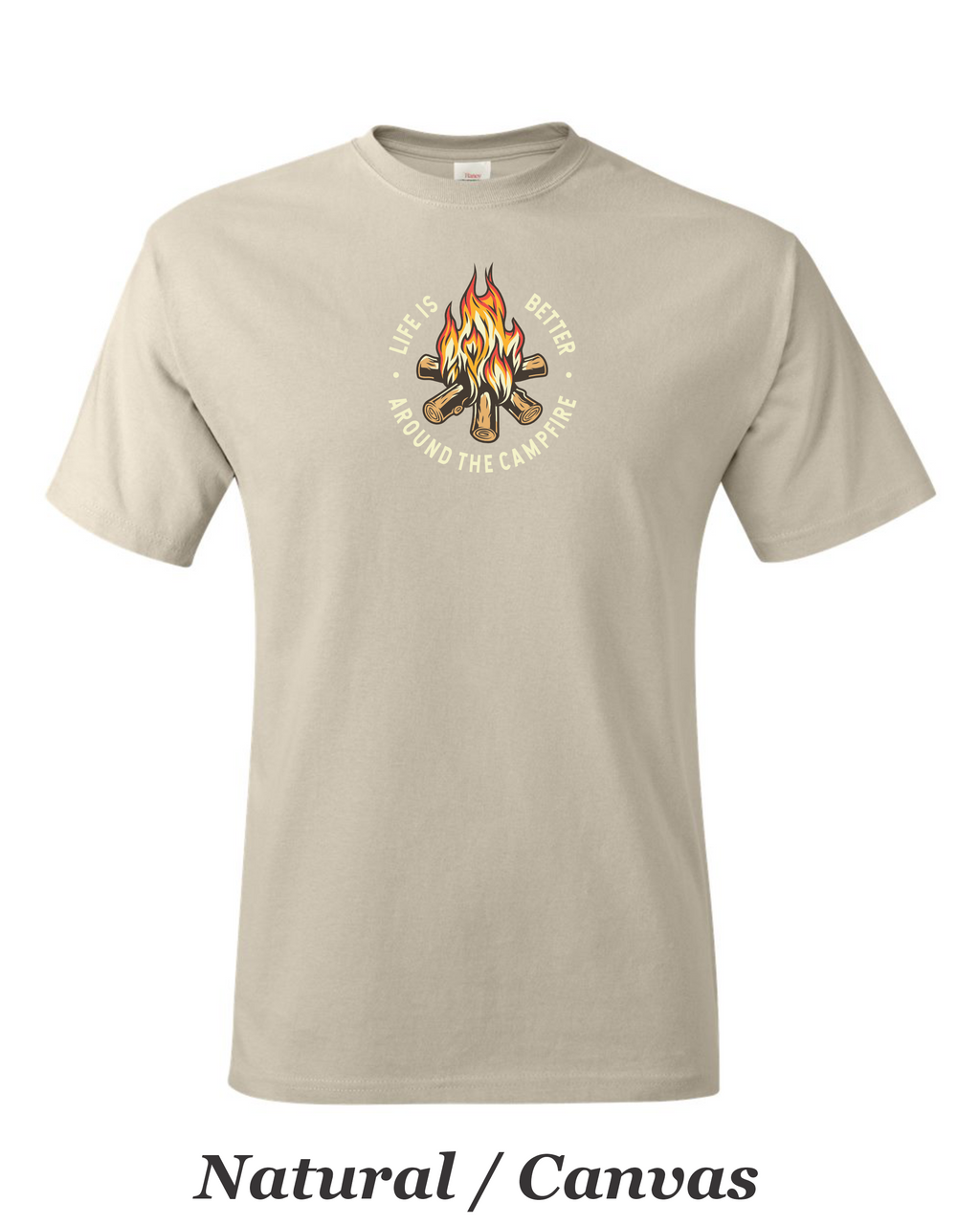 Color drawing of life is better around the campfire print on mens shirt.