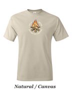 Color drawing of life is better around the campfire print on mens shirt.