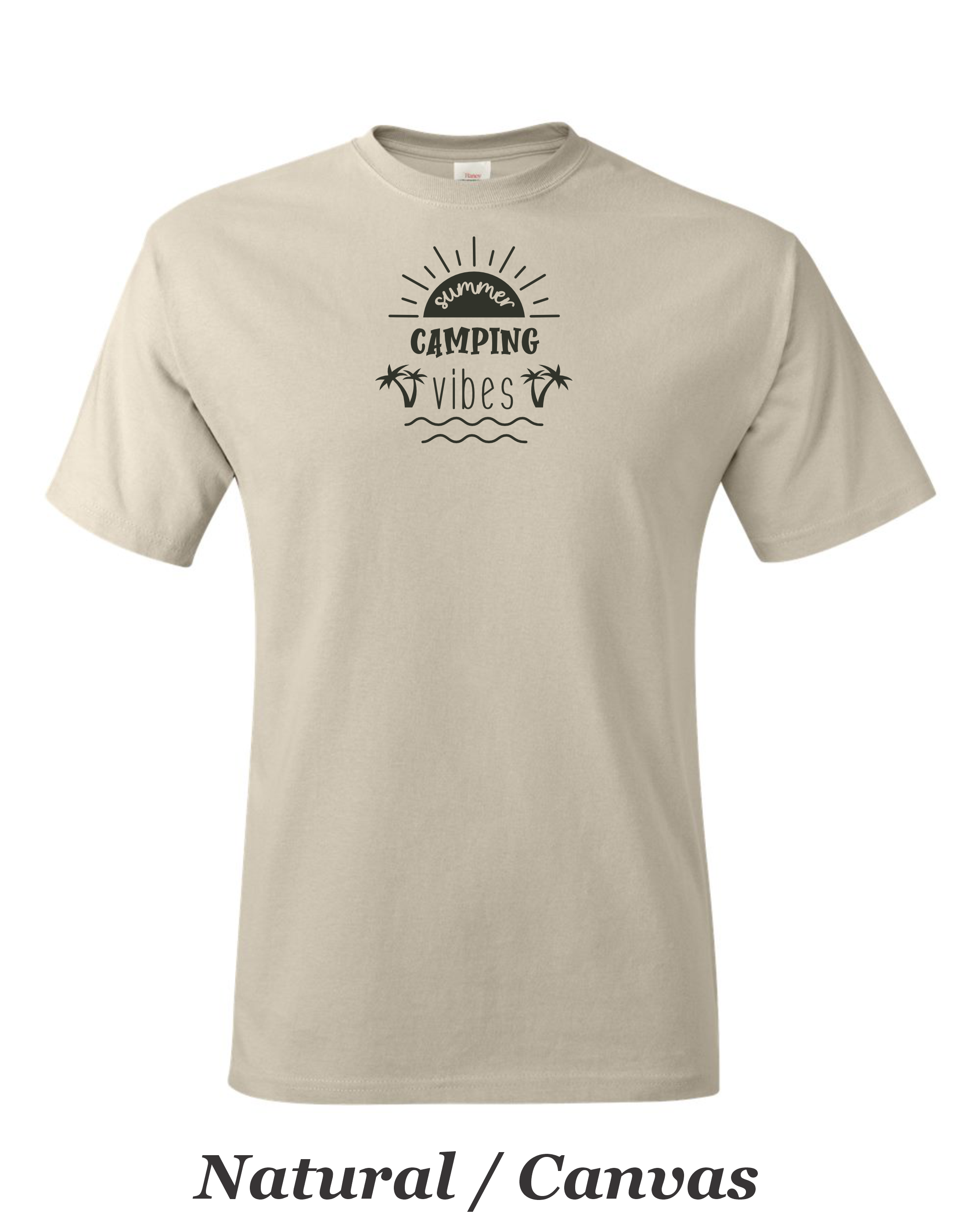 Summer Camping Vibes drawing printed on mens shirt.  Great camping shirt.