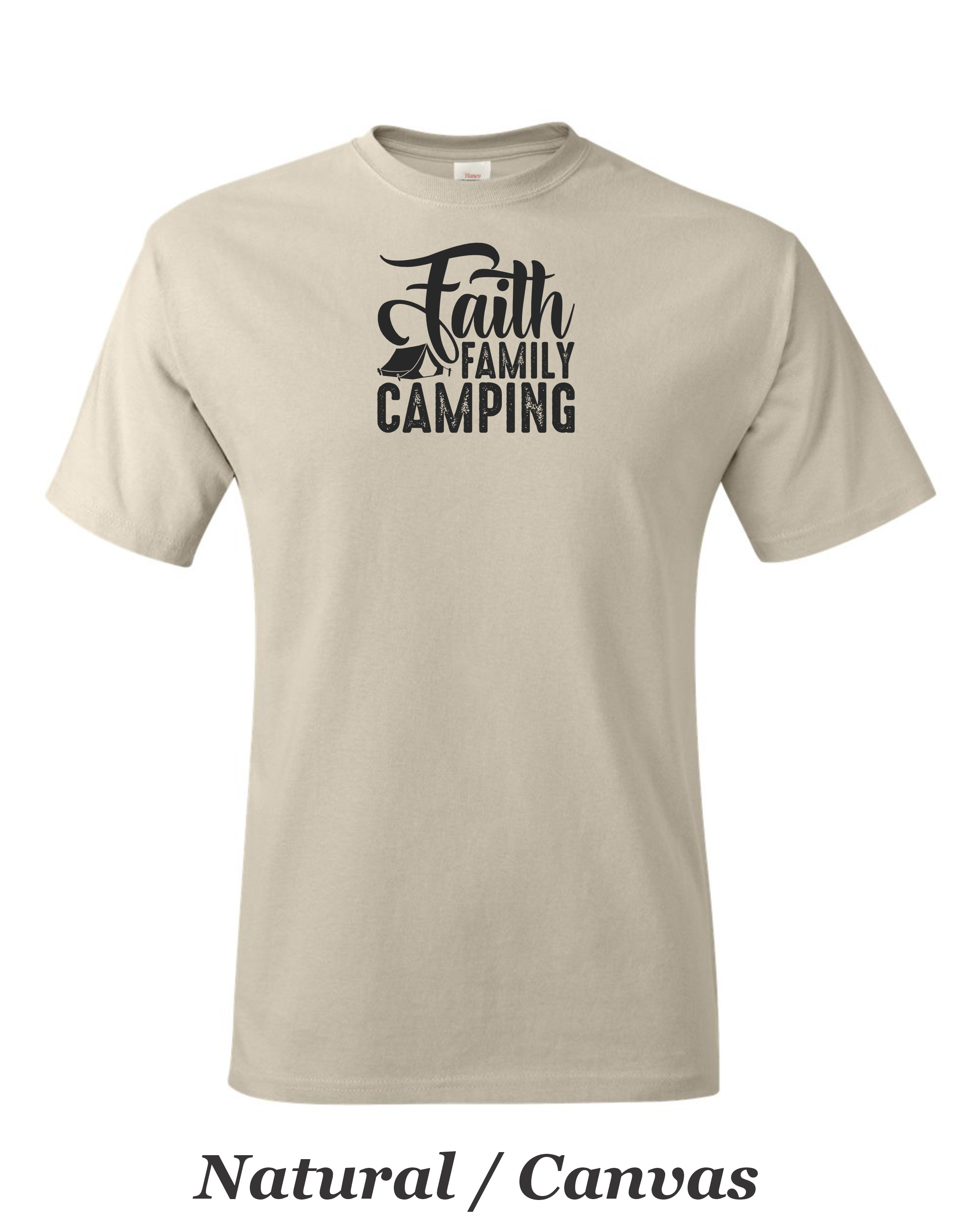Faith Family Camping drawing on mens shirt.  Great shirt for family camping trips.