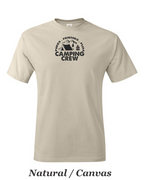 Fire Friends Fun Camping crew print on mens shirt.  Great shirt for group camping.