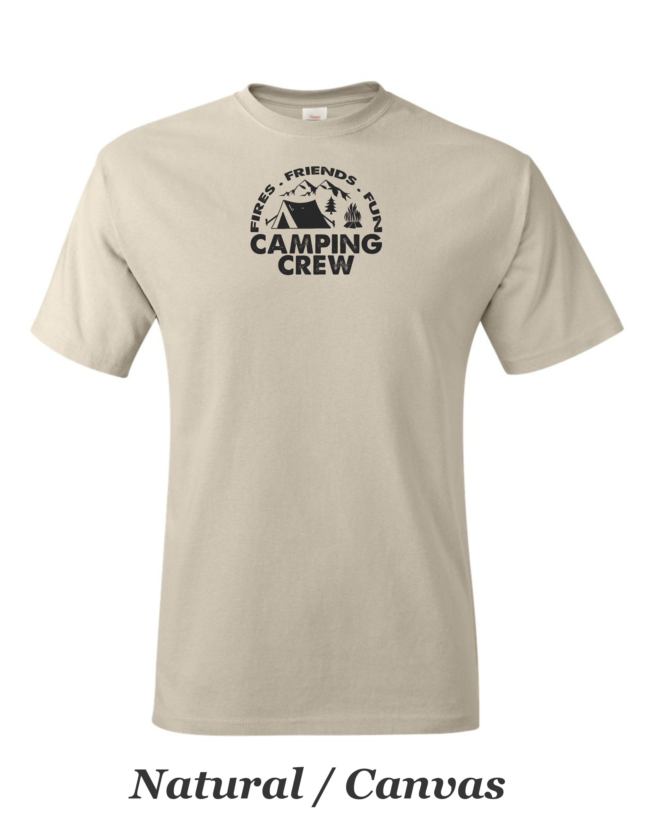 Fire Friends Fun Camping crew print on mens shirt.  Great shirt for group camping.