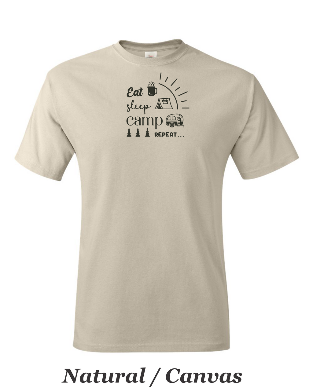 Eat, Sleep, Camp, Repeat print on mens shirt. Great gift for the camper.