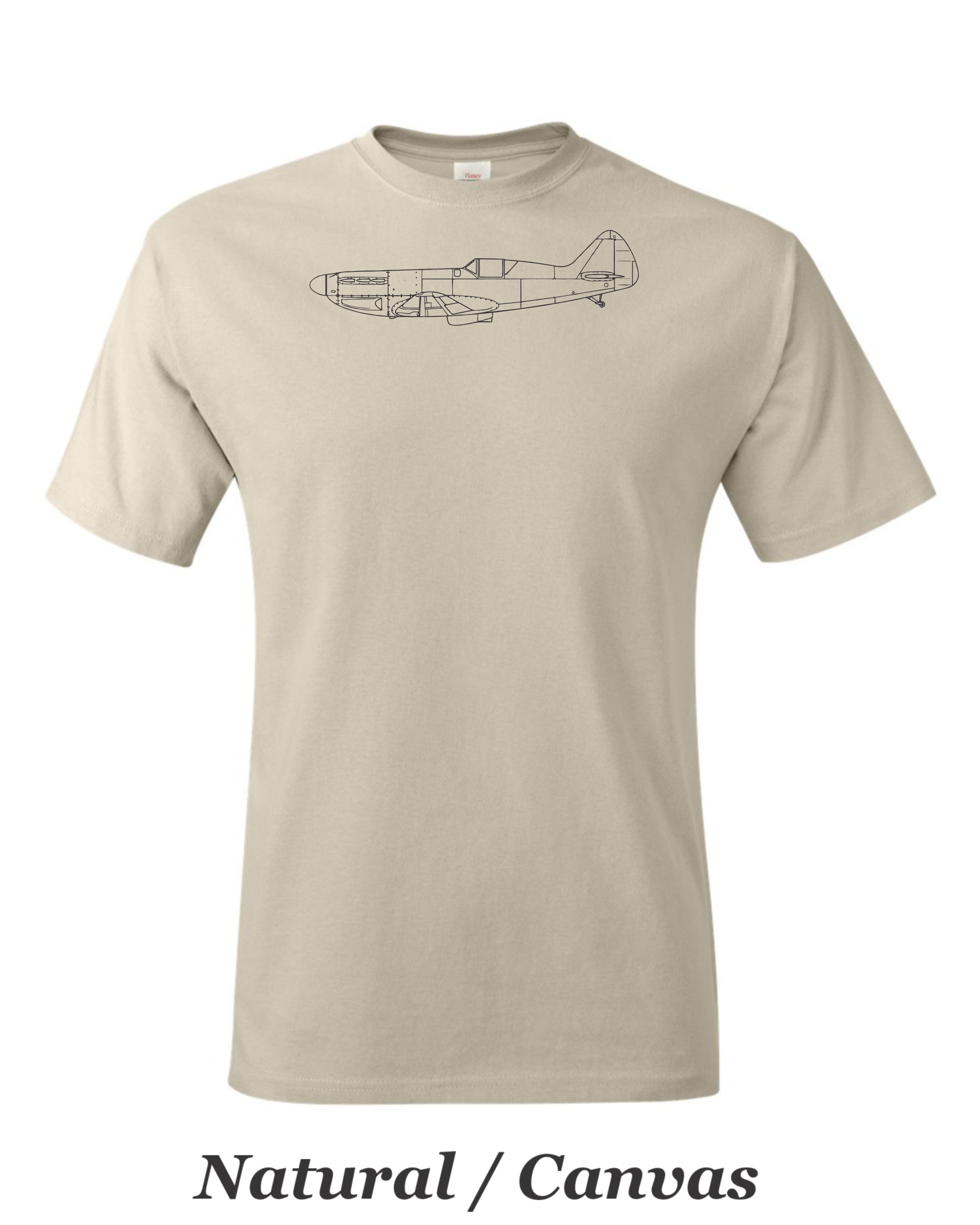 Spitfire line drawing printed on men's shirt. great gift for the warbird fan. free shipping
