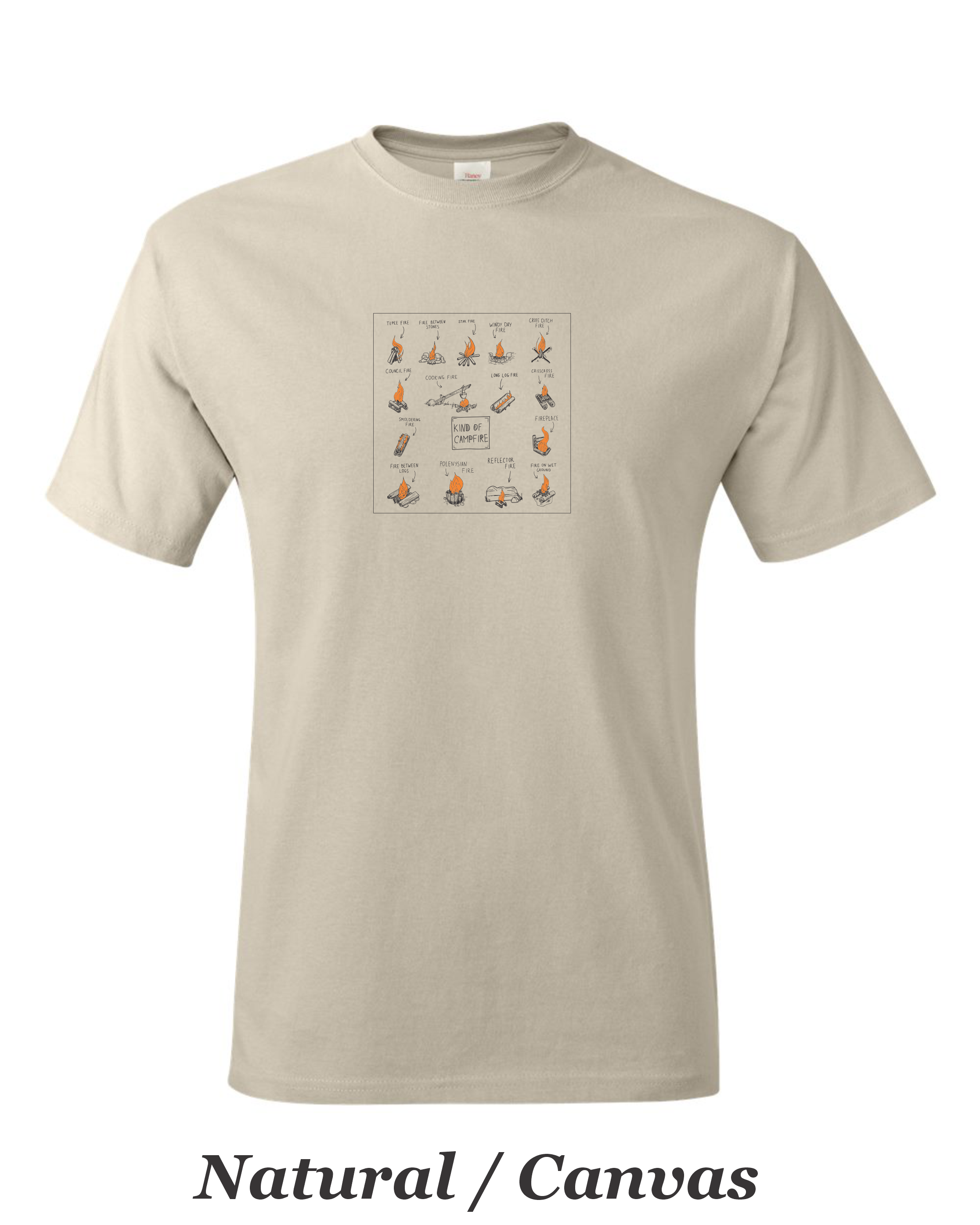 Types of campfires printed on mens shirt. Great camping shirt for Him.