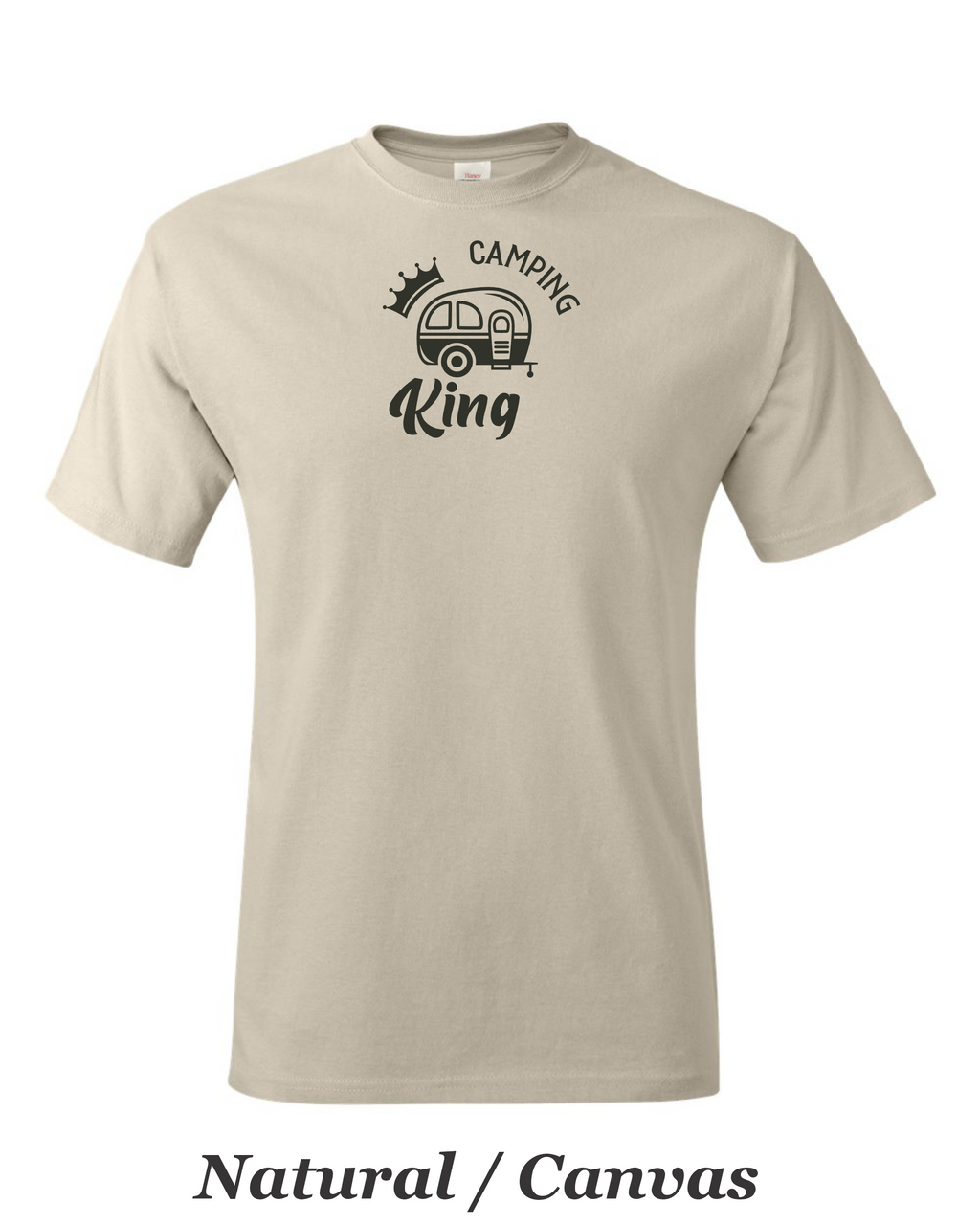 Camping King drawing printed on mens shirt.  Great camping gift for him.