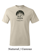 Camping is my happy place printed on mens shirt. Great gift for the weekend camper.