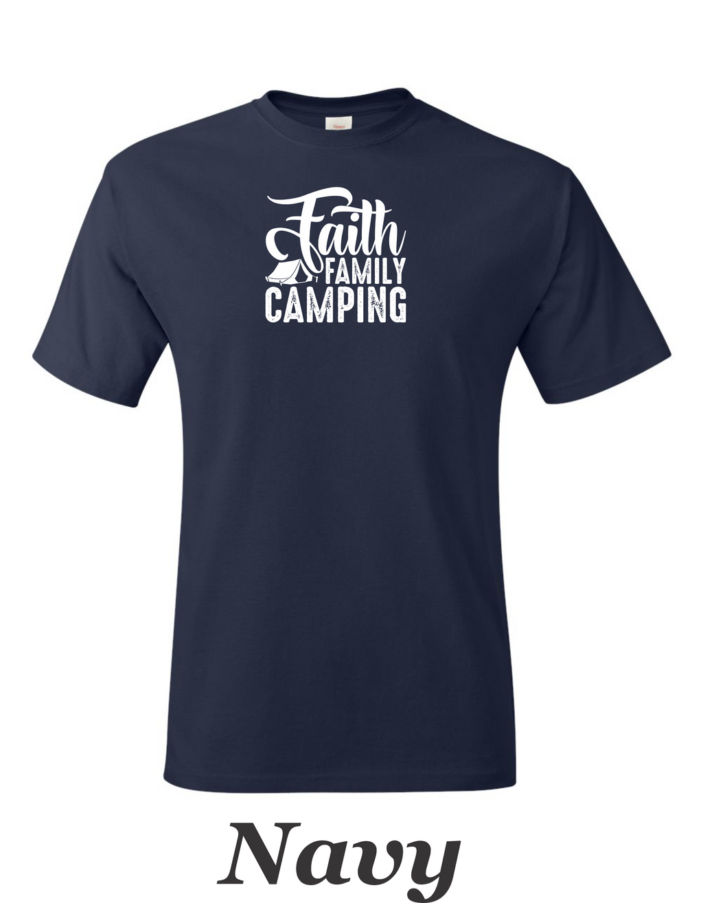 Faith Family Camping drawing on mens shirt.  Great shirt for family camping trips.