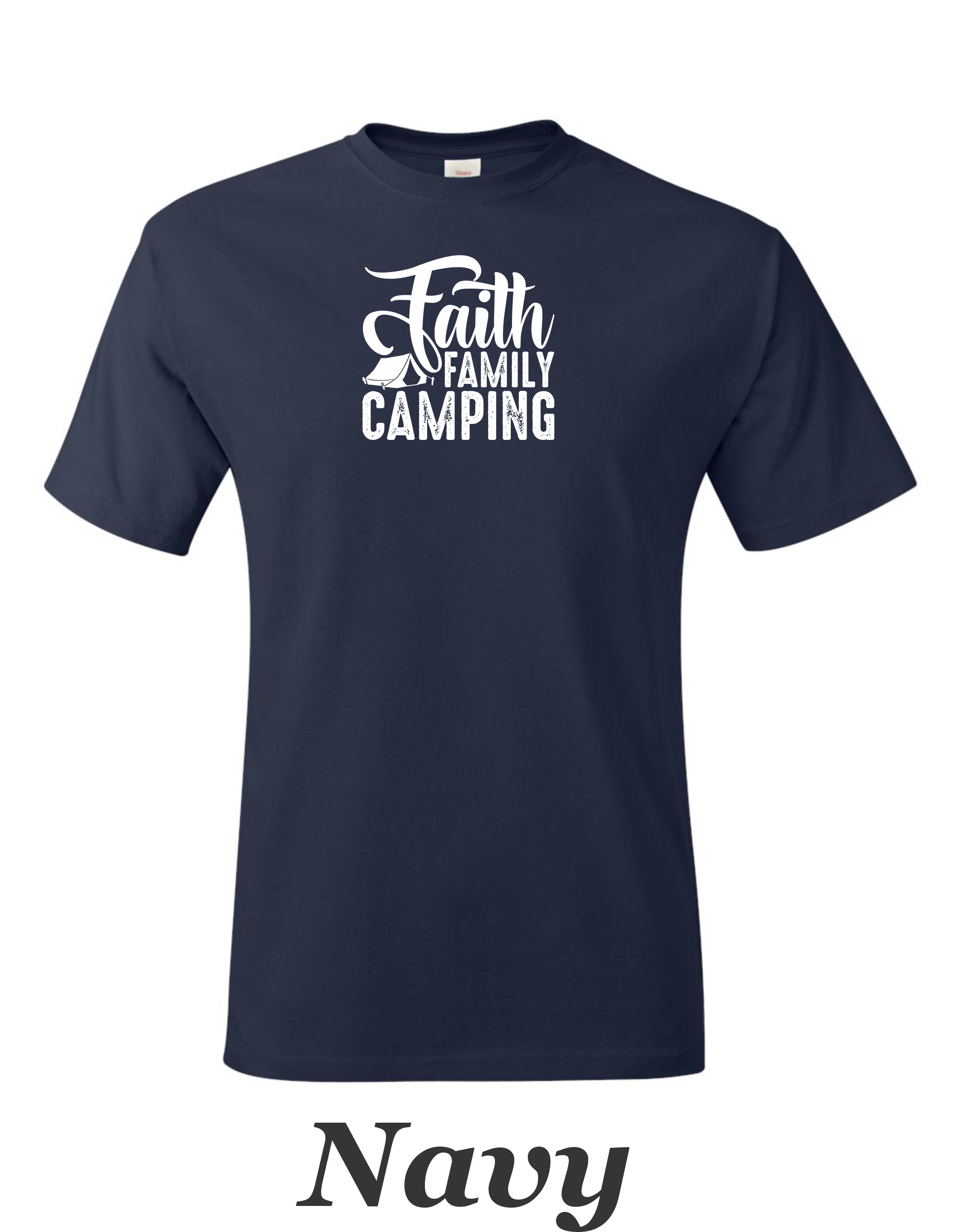 Faith Family Camping drawing on mens shirt.  Great shirt for family camping trips.