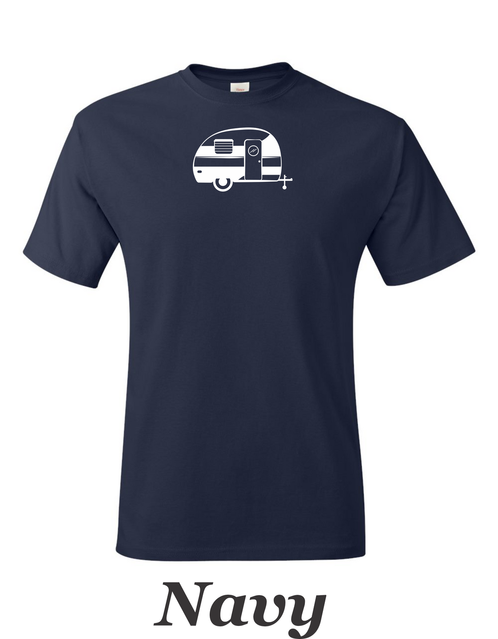 Canned Ham 50-60's trailer drawing print on mens shirt.  Great gift for Shasta trailer fan.