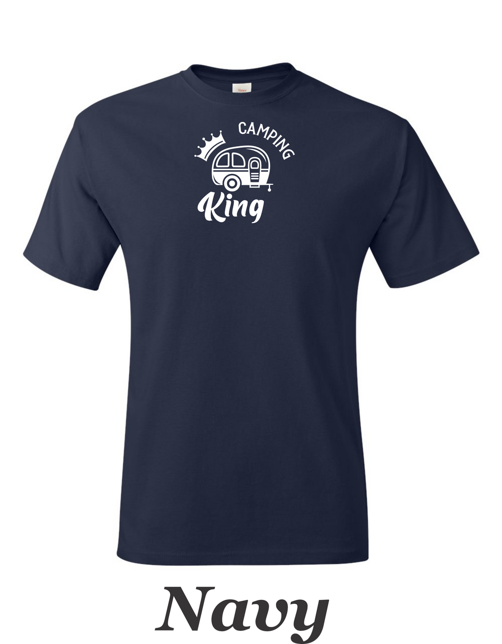 Camping King drawing printed on mens shirt.  Great camping gift for him.