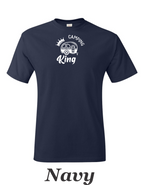 Camping King drawing printed on mens shirt.  Great camping gift for him.