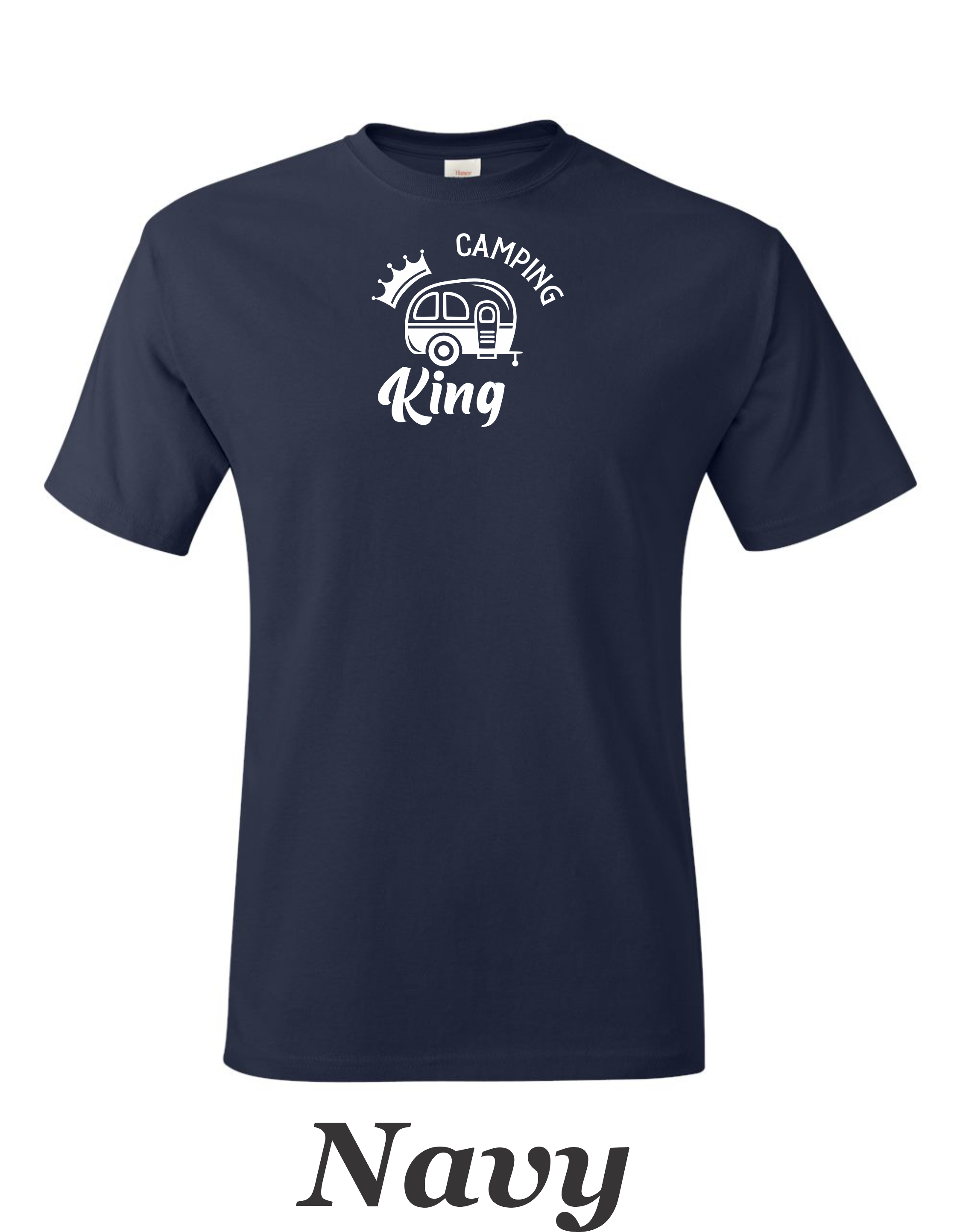 Camping King drawing printed on mens shirt.  Great camping gift for him.