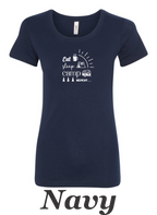 Eat, Sleep, Camp, Repeat print on women's shirt. Great gift for camper.
