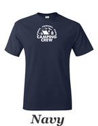 Fire Friends Fun Camping crew print on mens shirt.  Great shirt for group camping.