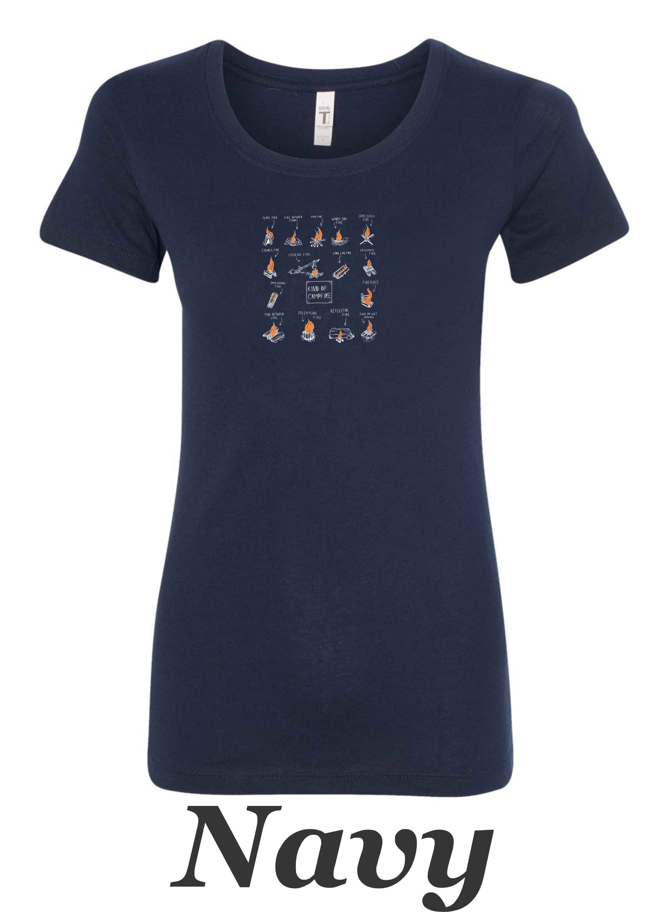 Types of campfires printed on women's shirt. Great camping shirt.
