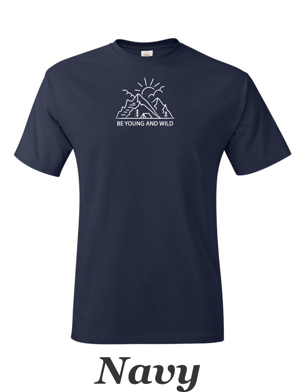 Be young and wild drawing on mens shirt.  Great gift for the hiker.