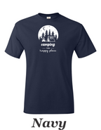 Camping is my happy place printed on mens shirt. Great gift for the weekend camper.