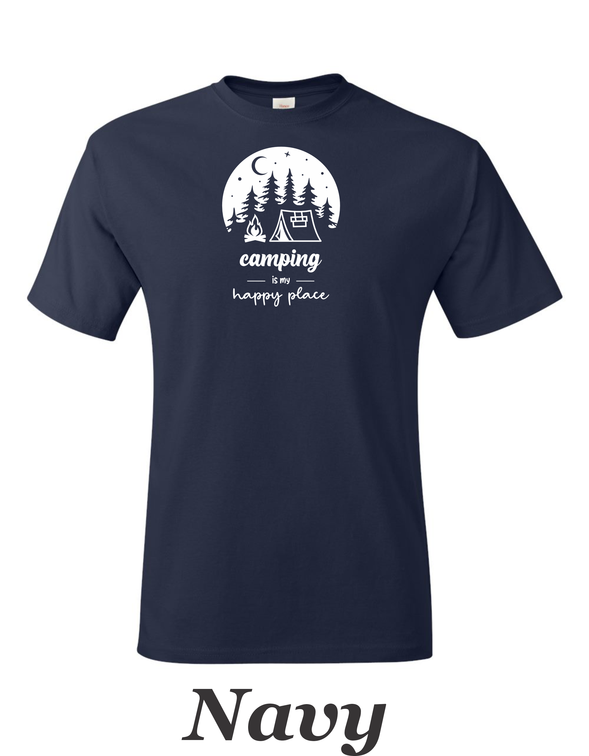 Camping is my happy place printed on mens shirt. Great gift for the weekend camper.