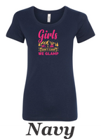 We don't camp We Glamp printed on womens shirt.  Great comping shirt.