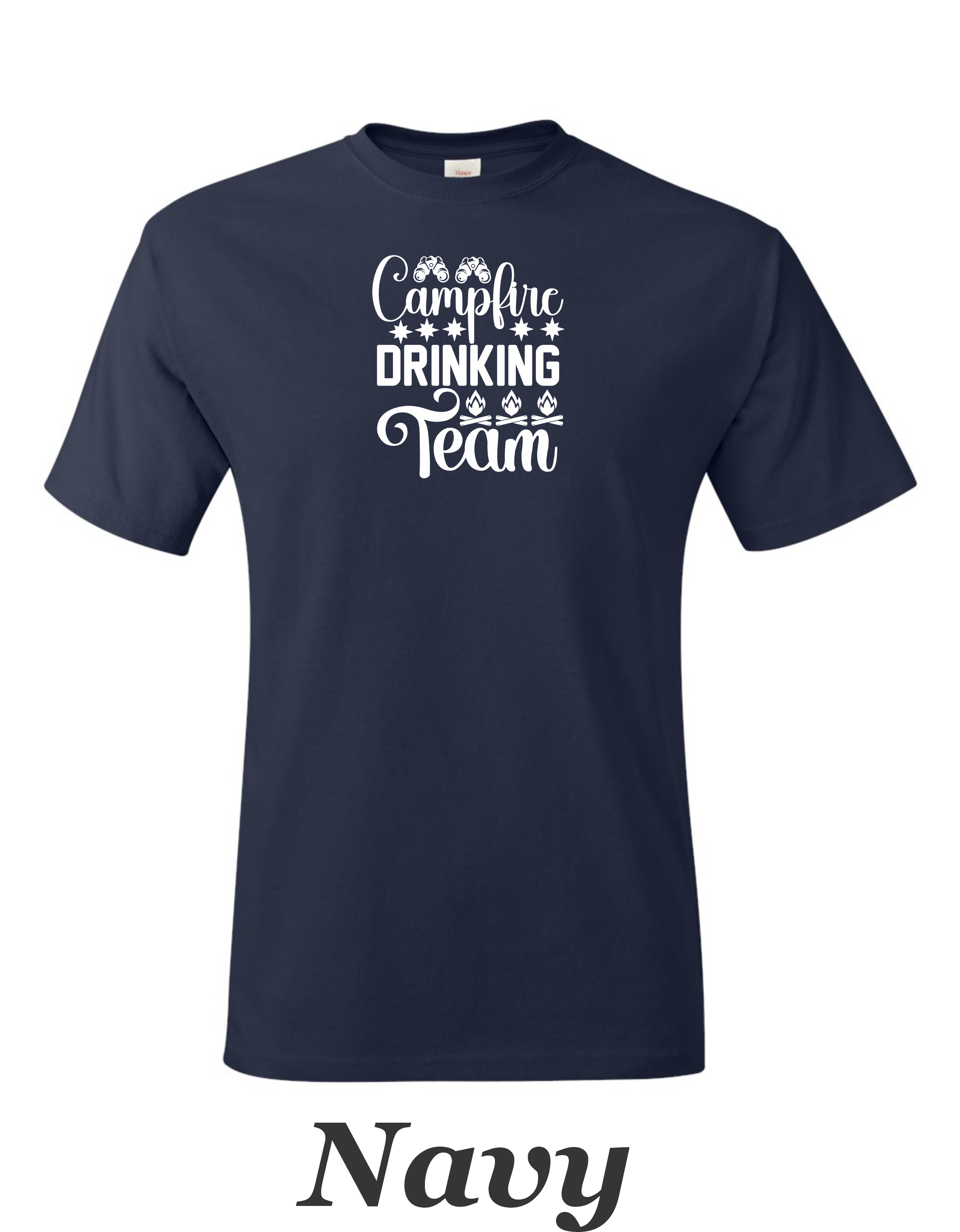 Campfire Drinking Team drawing printed on men's shirt.  Great Camping shirt for Him.