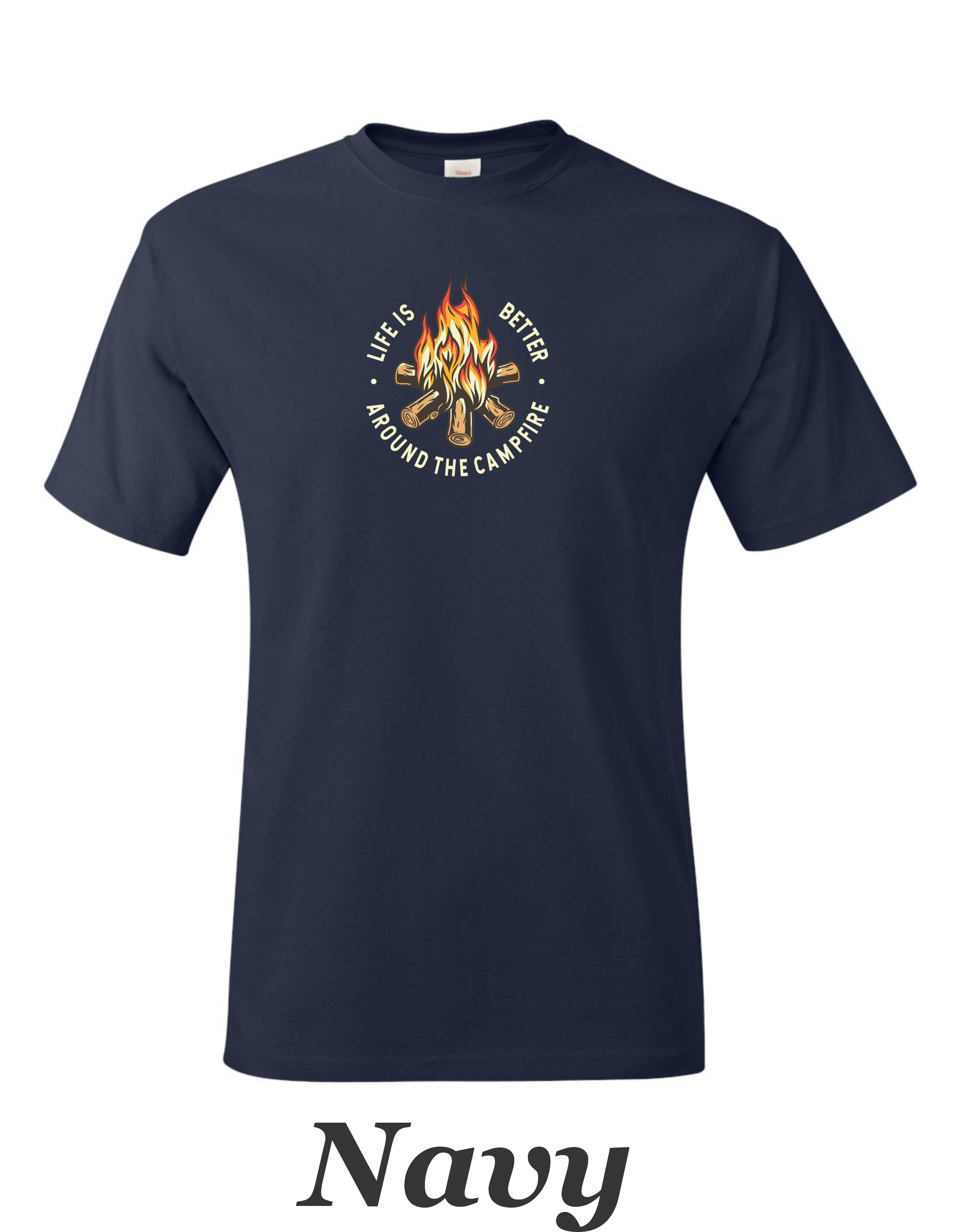Color drawing of life is better around the campfire print on mens shirt.