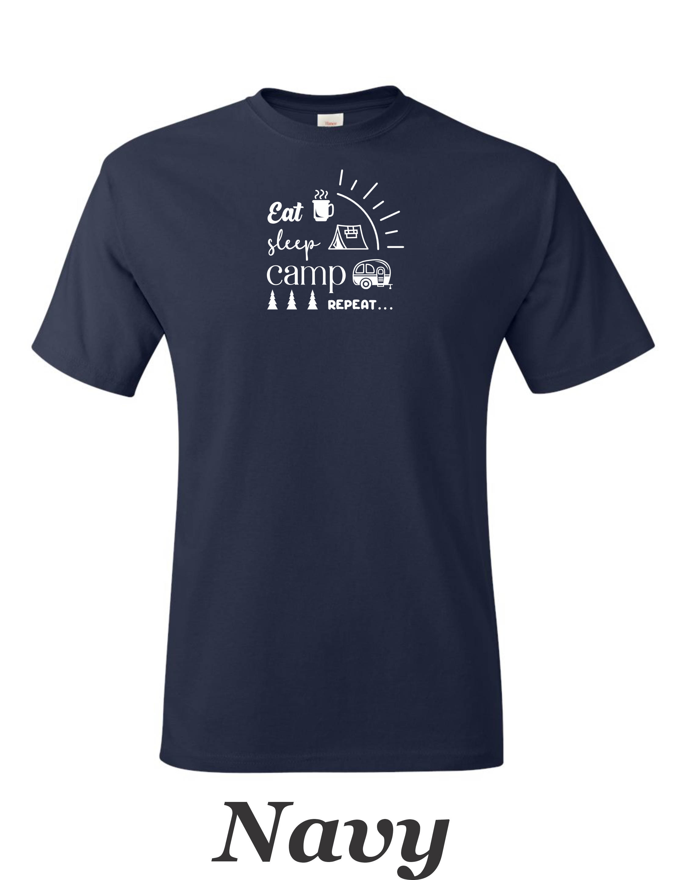 Eat, Sleep, Camp, Repeat print on mens shirt. Great gift for the camper.