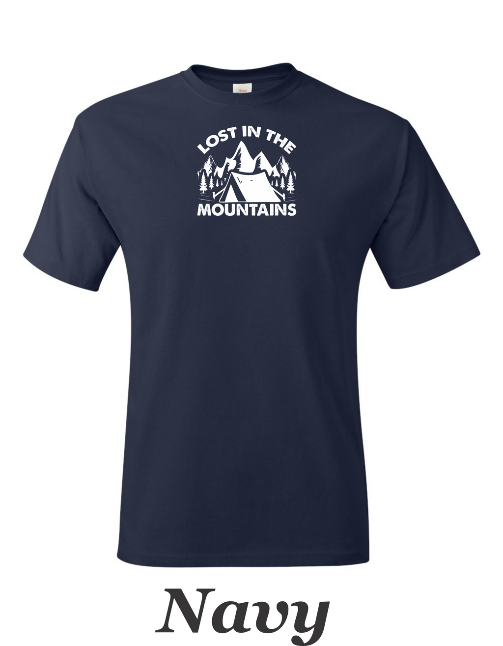 Lost in the Mountains print on mens shirt.  Camping and Hiking shirt.