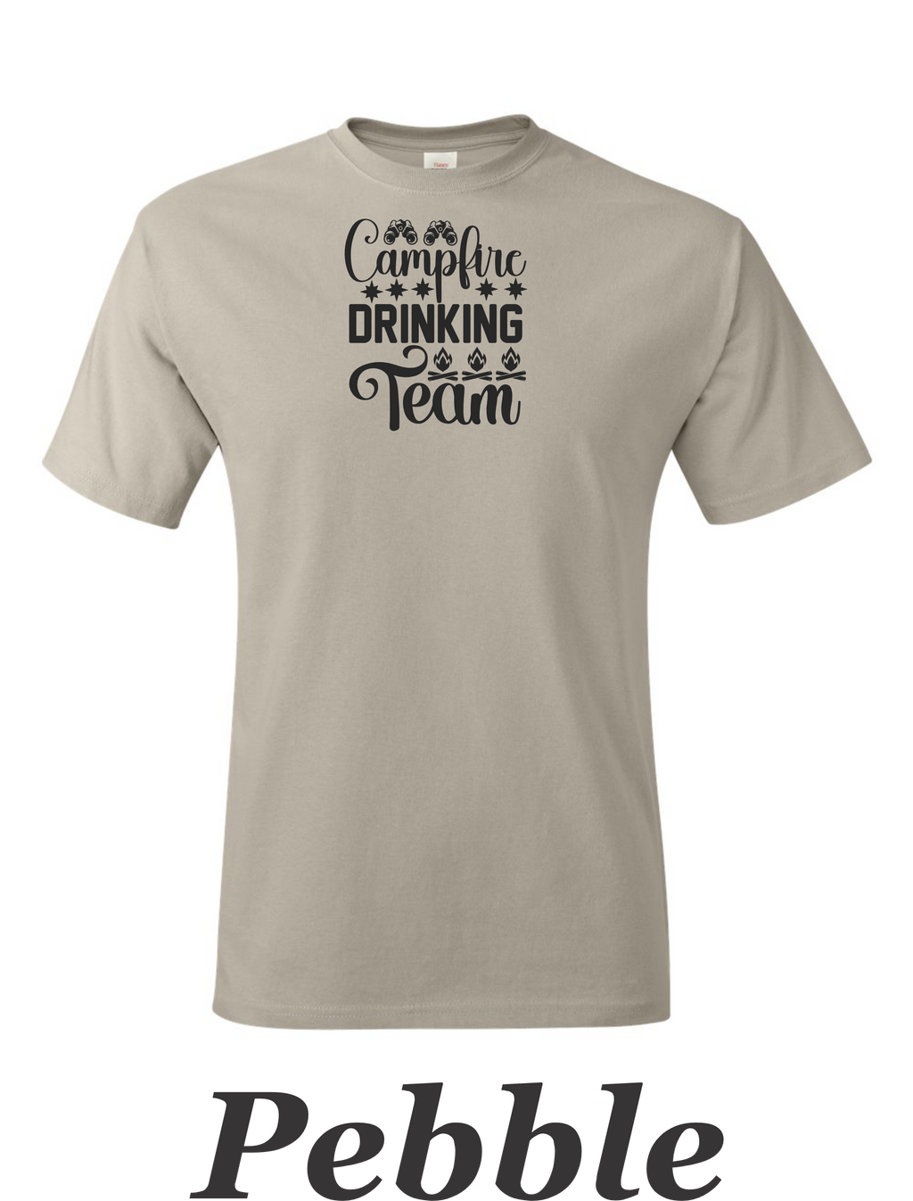 Campfire Drinking Team drawing printed on men's shirt.  Great Camping shirt for Him.