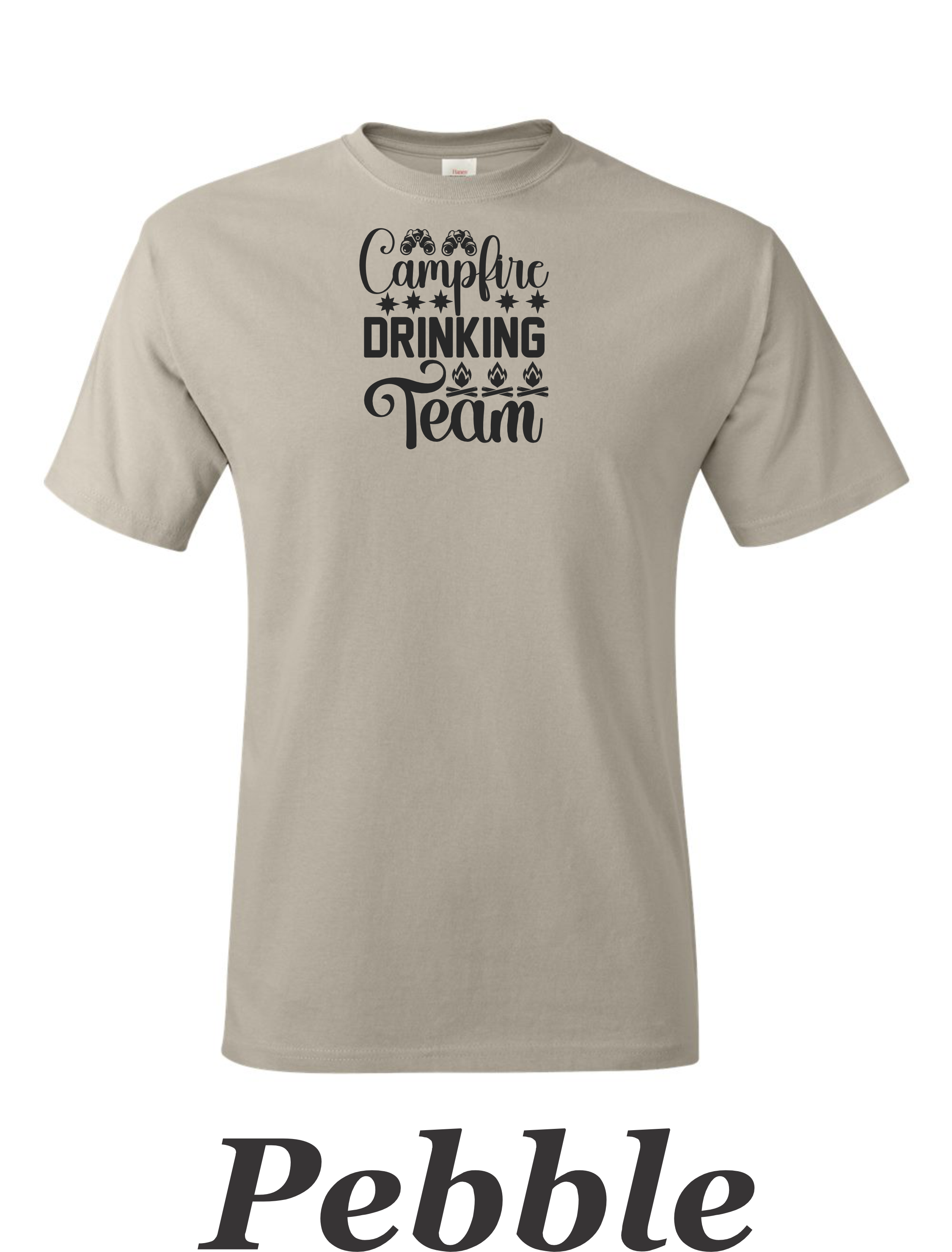 Campfire Drinking Team drawing printed on men's shirt.  Great Camping shirt for Him.