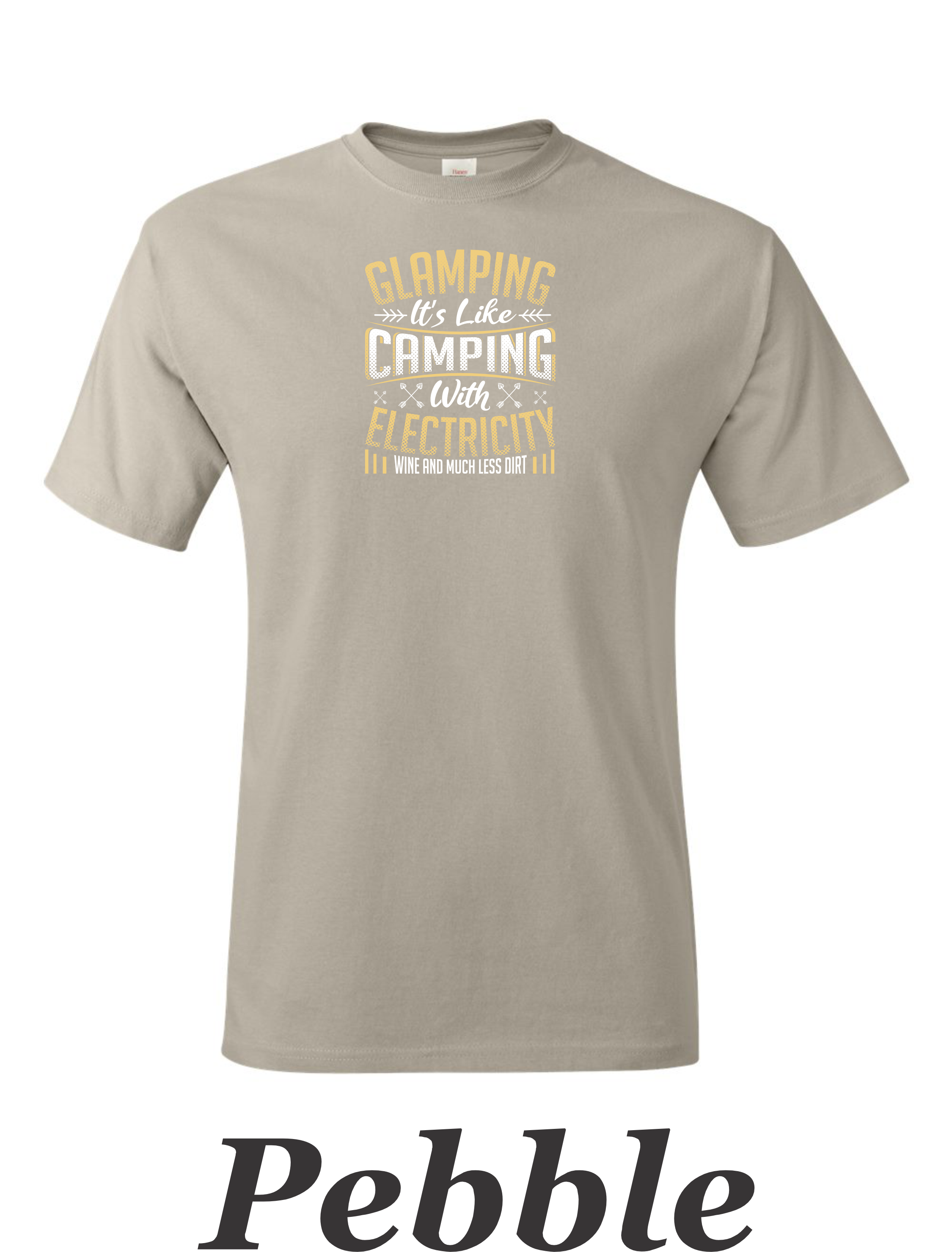 Glamping is like camping but with electricity and wine printed on mens shirt.
