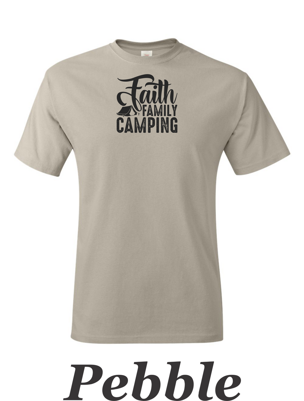 Faith Family Camping drawing on mens shirt.  Great shirt for family camping trips.