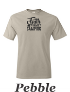 Faith Family Camping drawing on mens shirt.  Great shirt for family camping trips.