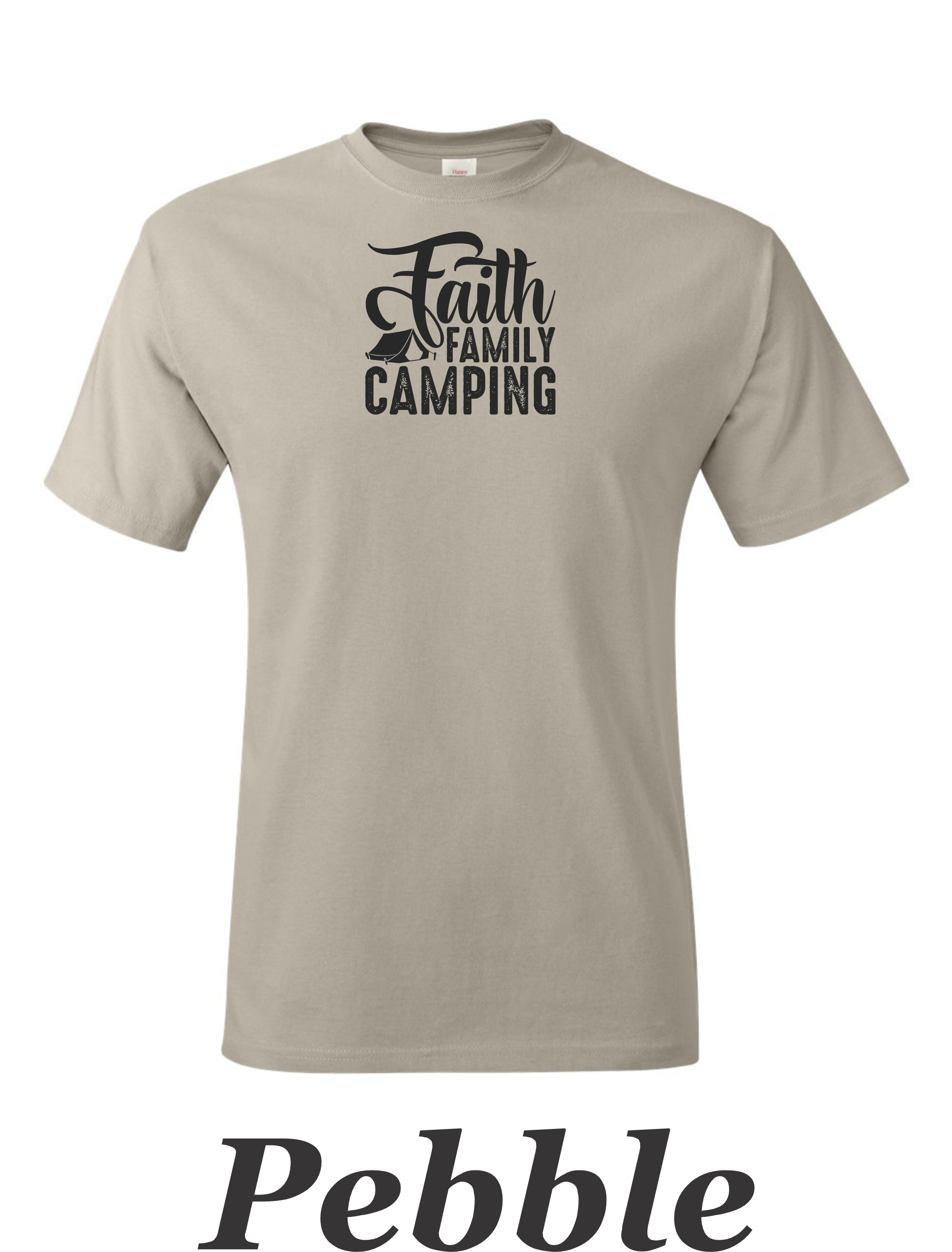 Faith Family Camping drawing on mens shirt.  Great shirt for family camping trips.