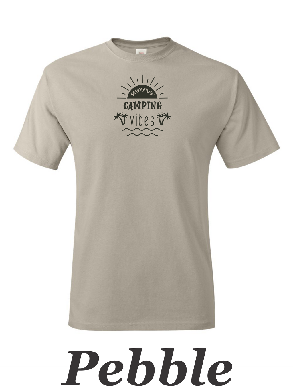Summer Camping Vibes drawing printed on mens shirt.  Great camping shirt.
