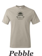 Summer Camping Vibes drawing printed on mens shirt.  Great camping shirt.