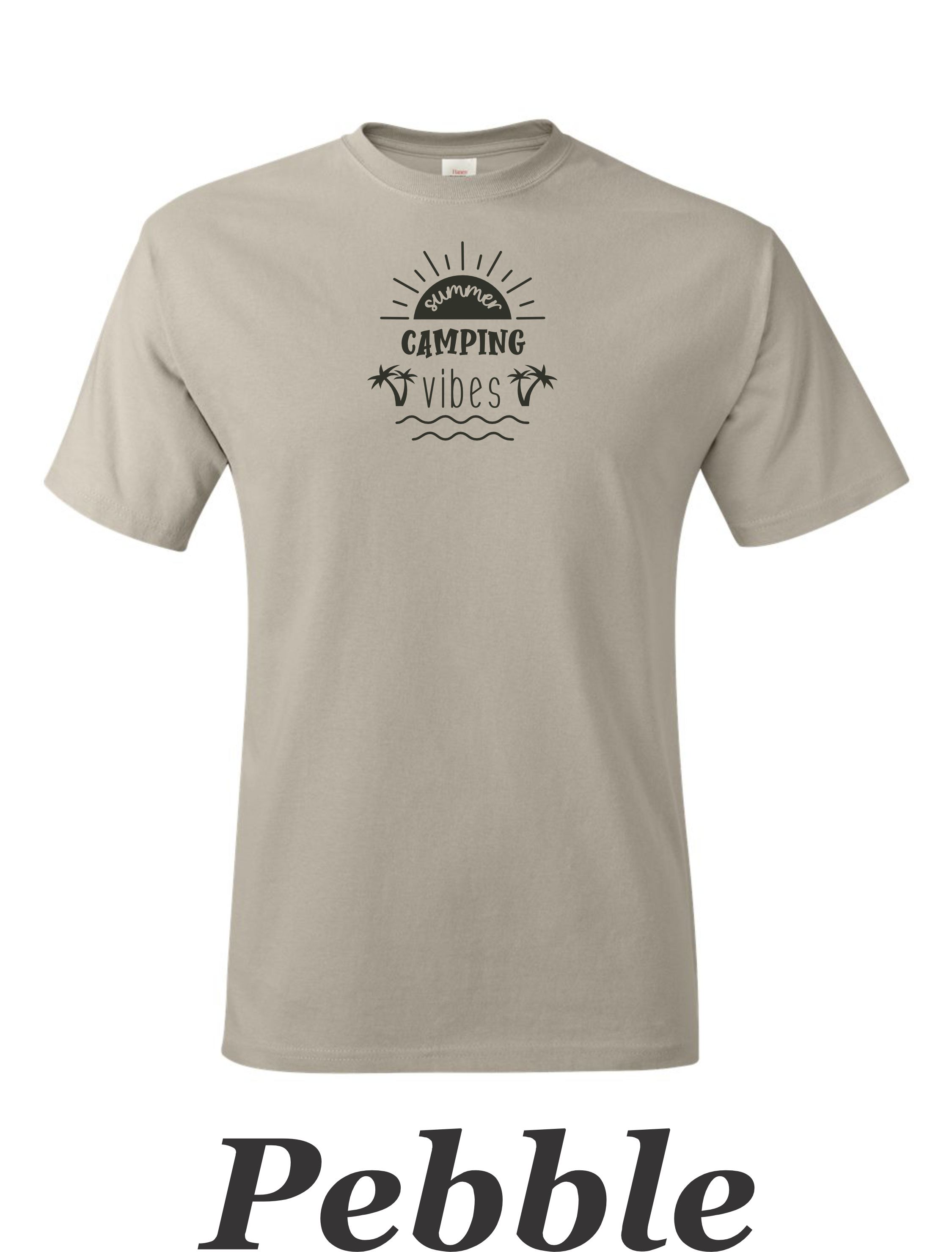 Summer Camping Vibes drawing printed on mens shirt.  Great camping shirt.